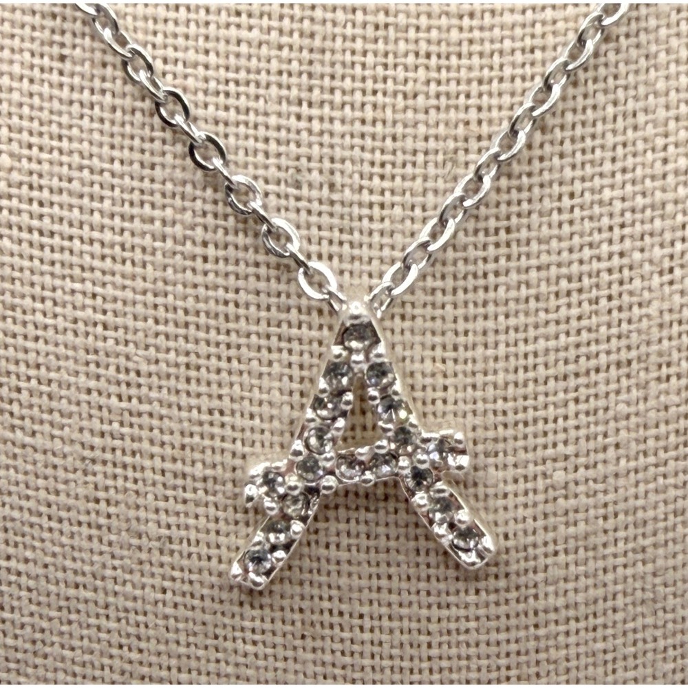 Initial‎ "A" Pendant Necklace Clear Glass Rhinestones 20 Inch Silver Tone Chain